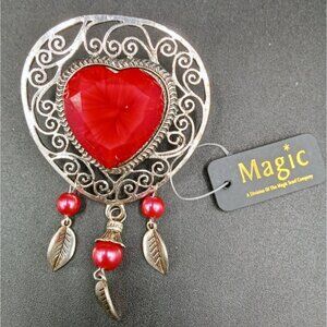 Magic Scarf Co Red Heart Brooch Magnetic Holder Dangling Beads Leaf Charms